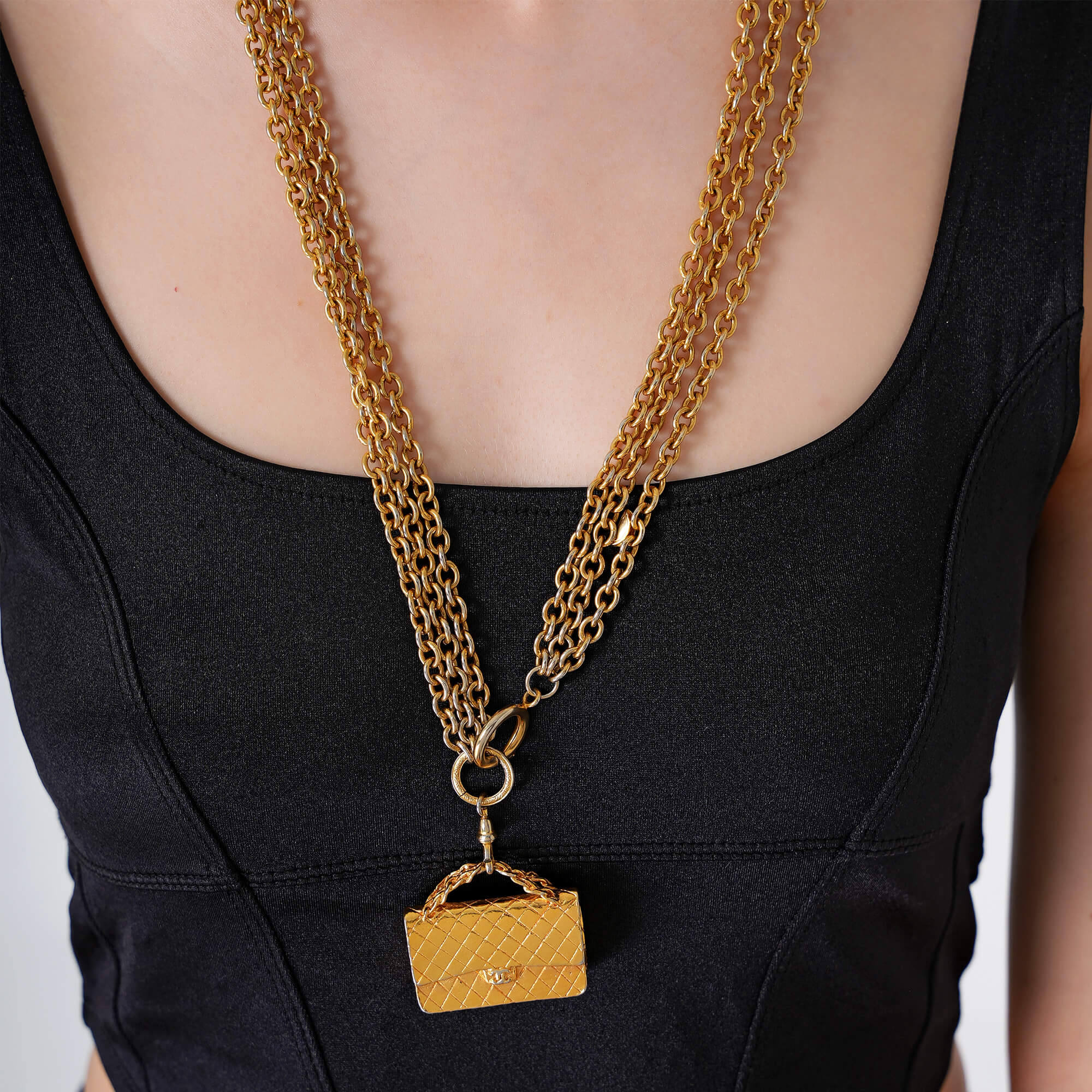 Chanel - Gold Flap Bag Pendant Triple Charm Chain Necklace 